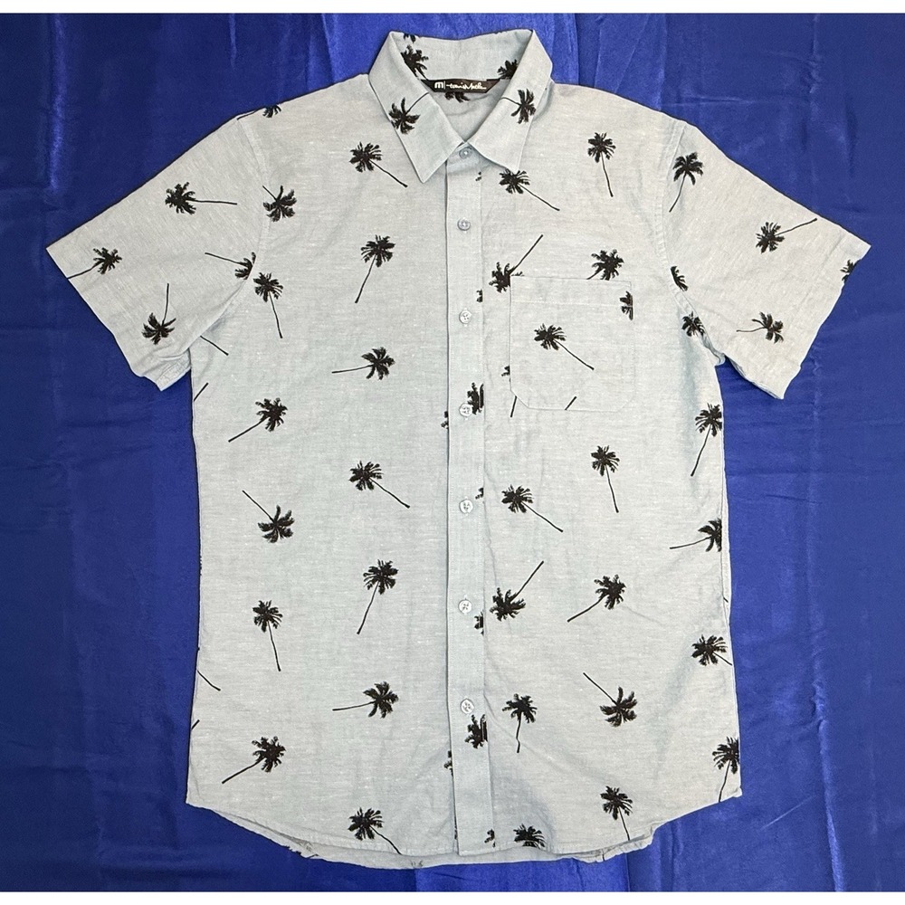 Travis Mathew Wheaton Men's Small Palm Tree Blue Short Sleeve Button Up Shirt